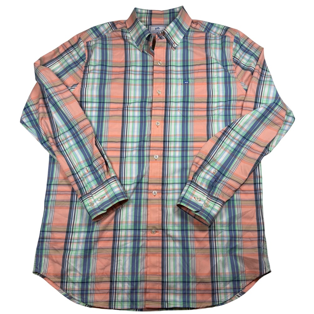 Southern Tide Performance‎ Mens Medium Plaid Button Down Shirt Coral Blue Green